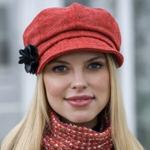 MUCROS WEAVERS Ladies Wool Tweed Newsboy Hat Leather Rosette Detail